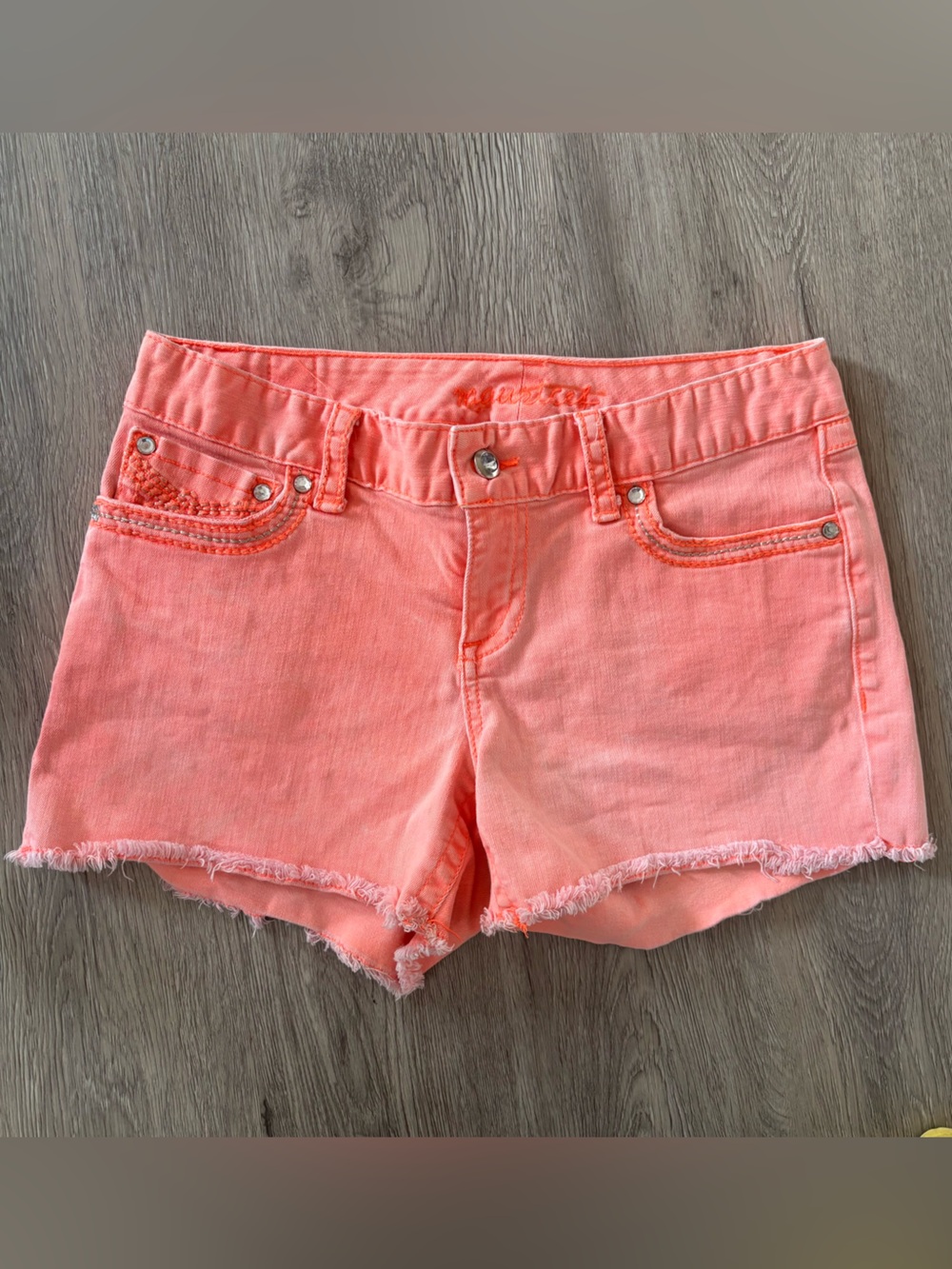 Maurice’s Women’s Coral Denim Shorts - Casual Frayed Hem-Rhinestones
